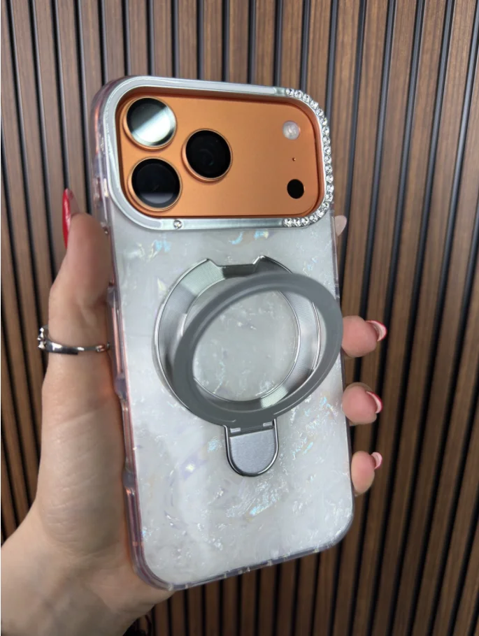 Standlı Ebruli Magsafe - Beyaz (Temsili 17 Pro Max ile çekilmiştir, Ürünün uyumlu olduğu cihazlar altta seçenek olarak çıkmaktadır.) (Kopya) - Ürün görseli